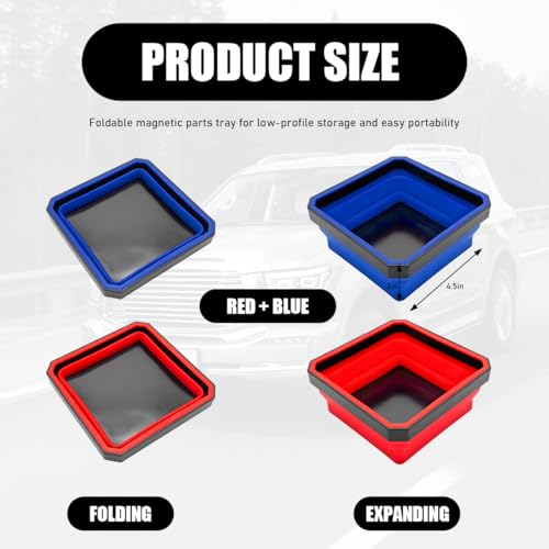 2PCS Collapsible Magnetic Parts Tray, 4.5" Square Silicone Tool Tray with Double-Sided Magnetic Base, Foldable Bowls Small Metal Parts Holder for Screws Bolts Nuts Washers (Red+Blue) - color: Red+Blue, size: 2PCS