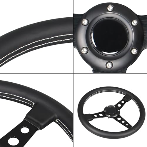 Car Drift Flat Steering Wheel Black Leather Grip 14inch/350mm Racing Sport Steering Wheel with White Stitching - color: black