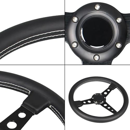Car Drift Flat Steering Wheel Black Leather Grip 14inch/350mm Racing Sport Steering Wheel with White Stitching - color: black