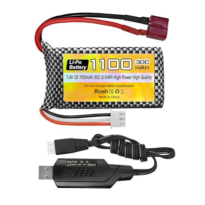 7.4V 1100mAh 2S Lipo Battery with T Plug and USB Charging Cable Suitable for Haiboxing 18858 18859 18859A 16890A XLH Q903 Q903 HM163 RC Car RC Ship RC Drone