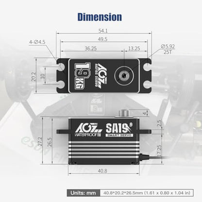 AGFRC 19KG Waterproof Low Profile 1/10 Scale Winch Servo(SA19 Winch) | 0.073Sec, 8.4V HV, Brushless Motor, Programmable, Full Metal Gear, with 25T Metal Winch Horn, for 1/10 RC Cars & Crawlers