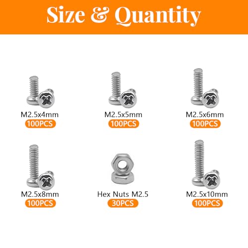 530Pcs 304 Stainless Steel Metric Micro Screws Nuts Assortment, M2.5x4/5/6/8/10mm Sizes, Phillips Pan Head, Fully Threaded Kit for Arduino, RC Models, Electronics, DIY Projects - size: M2.5x4/5/6/8/10-530Pcs