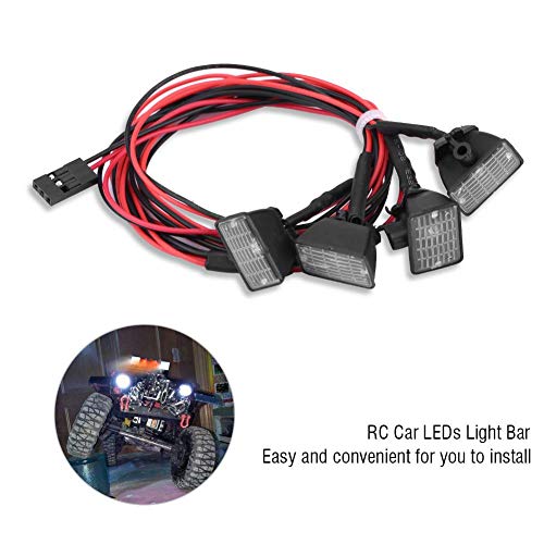 RC Crawler Roof Light Bar 4LED Universal 1/10 Scale | Roof-mounted for scale truck, plastic housing, fits SCX10 TRX-4 D90, red and white beam, 71cm wiring harnes
