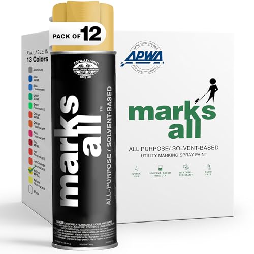 Fox Valley 18oz Marks All Solvent-Based Marking Paint Spray, 12-Pack Yellow APWA – Long-Lasting, Weather-Resistant Spray Paint for Wet or Dry Surfaces Like Metal, Grass, Concrete, Wood, & More - color: Yellow APWA
