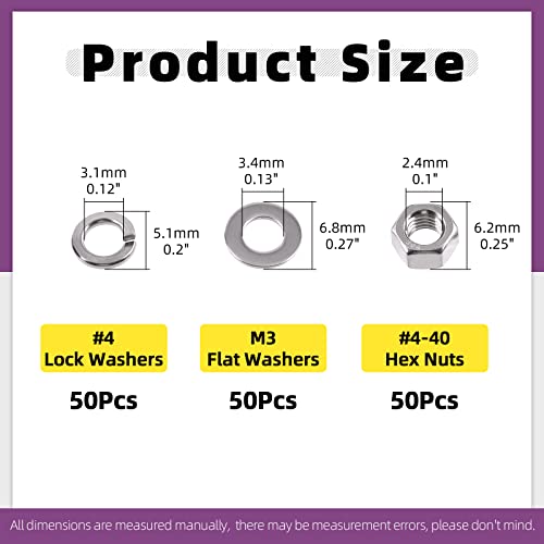 Swpeet 150Pcs SAE 304 Stainless Steel #4-40" Hex Nuts and M3 Flat Washers with #4 Split Lock Washers Assortment Kit, Coarse Thread Hexagon Nut for Home Automotive Shop Use - size: #4-40 Hex Nuts & Washers
