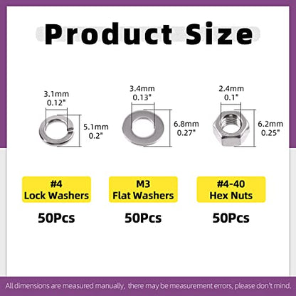 Swpeet 150Pcs SAE 304 Stainless Steel #4-40" Hex Nuts and M3 Flat Washers with #4 Split Lock Washers Assortment Kit, Coarse Thread Hexagon Nut for Home Automotive Shop Use - size: #4-40 Hex Nuts & Washers