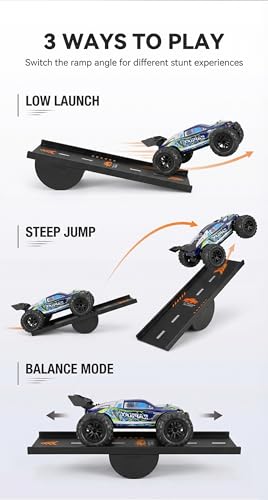 RC Car Ramp, 3 Ways to Play RC Jump Ramp for 1/16 1/14 1/12 1/10 RC Cars, Includes Metal Ground Stakes, Compact Stunt Ramp for Controlled Jumps, Balance Play and Backyard RC Fun