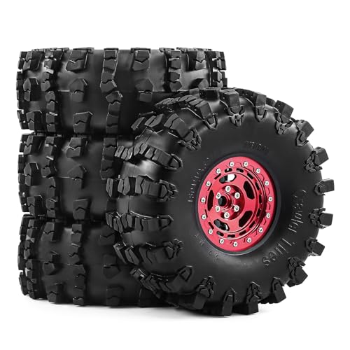 2.2" Beadlock Wheel Rims and Rubber Crawler Tires 150mm (5.91in) for 1/10 RC Crawler SCX10 RBX10 Wraith TRX4 (Red) - color: Red