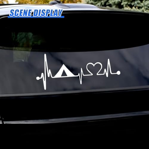 Craedli 2PCS Camping Tent Heartbeat Sticker Car Decal, 7.8"×3.3" Waterproof Vinyl Pulse Line Heart Sticker, Outdoor Adventure Car Bumper Window Decals for Camper SUV Truck Laptop (White-Heart) - color: White-heart