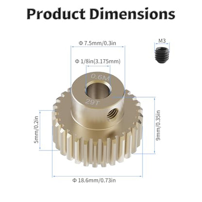 Pinion Motor Gear, M0.6 29T, 1/8 in (3.175mm) Shaft Hole | M0.6 Pitch 29 Teeth, 7075 Aluminum Alloy, 1/8 Inch Shaft Hole, RC Motor Pinion Upgrade, for 1/10 RC Brushless Crawler - size: M0.6 29T