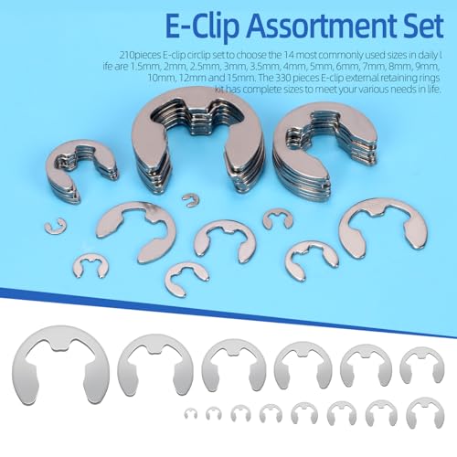 Glarks 211pcs 304 Stainless Steel E-Clips Retaining Rings Assortment Set 14 Sizes E-Ring Circlip Rings Heat Treated External Retaining Clips E-Clips Retainer Circlip Rings with Tweezers for Gears