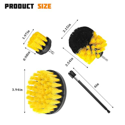 4PCS Drill Brush Attachment Kit with Extension Rod, Yellow | PP bristles with steel shafts, three brush sizes, quick-change extension rod, follows curved surfaces, compact storage - color: Yellow