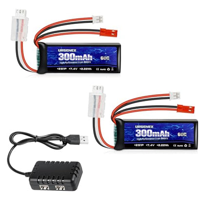 SCX24 Battery 7.4V Lipos 2S 60C(Burst 120C) 300mAh Rechargeable Mini Lithium Battery with JST&PH2.0 Dual Discharge Plug Fit for SCX24 RC Car WLtoys RC Truck and Most Airplane 1TO2 Charger - style: 2PACK with Charger