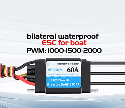 DH 60A 2-6S Waterproof Brushless ESC Electronic Speed Controller with 5V/6V 8A BEC and XT60 3.5mm Banana Head Connector for Model Ship RC Boat - size: 60A