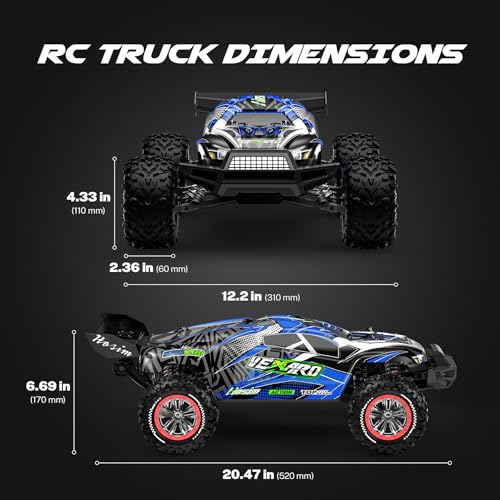 Hosim Mini 1:8 45+ MPH Fast Brushless RC Cars for Adults with 3S Battery | All Terrain Adult RC Trucks, 3650 Brushless Motor (2800KV) 60A ESC, Central Transmission, Two 3S 11.1V 2600mAh Lipo