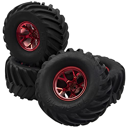 5.31''OD Rubber Tires & Wheel Rim 12mm Hex Hub Compatible with Traxxas Rustler HPI HSP Volcano Tamiya Exceed Himoto 1/10 Off-Road Monster Truck,135mmx73mm (Red) - color: Red