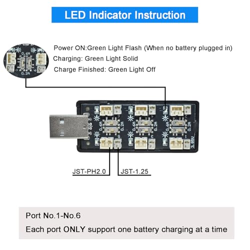 1S LiPo Battery USB Charger 3.8V/4.35V, 6-Channel LiHV High Voltage Charger for Tiny Whoop EMAX Tinyhawk Battery, DIY Projects, JST-PH2.0 and JST-1.25 Connectors
