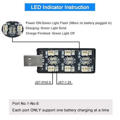 1S LiPo Battery USB Charger 3.8V/4.35V, 6-Channel LiHV High Voltage Charger for Tiny Whoop EMAX Tinyhawk Battery, DIY Projects, JST-PH2.0 and JST-1.25 Connectors