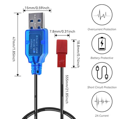 3.7V Lipo Battery Charger - 2 PCS 1S Lipo JST Charger Cable with USB JST 2 Pin Plug for RC Car Battery Remote Control Toys Airplane FPV Boat Tank Helicopter