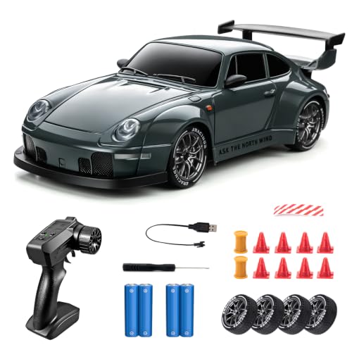 RC Drift Car 1/24 Widebody Grey Remote Control Drift Car for Adults | 4WD 20KM/H High Speed RC Sports Cars with LED Lights, Extra Racing Tires, Vehicle for Boys Kids Beginners Indoor Outdoor - color: Grey