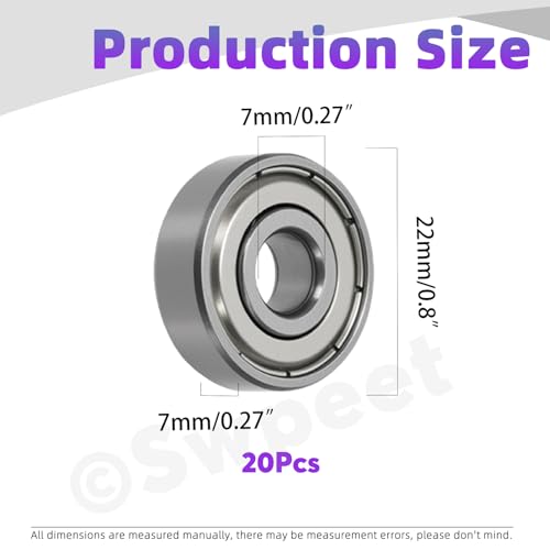 Swpeet 20Pcs 627ZZ Ball Bearings Assortment Kit, 7 x 22 x 7mm High Carbon Steel Deep Groove Bearings, Miniature Bearings, Double Shielded ﻿ - size: 627ZZ-20PCS, style: High Carbon Steel