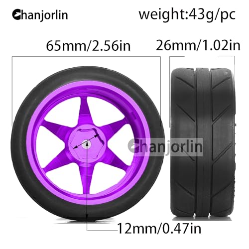 1/10 On Road Tires and Aluminum Wheels 12mm Hex RC Rally Racing Tyres OD 2.56" for Tamiya TT01 TT02 XV01 TA06 A959 PTG2 HPI KYOSHO PTG2 Traxxas 1:10 Street Touring Drift Car 4PCS (Purple) - color: Purple