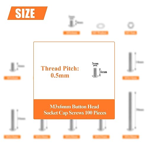 HELIFOUNER 100 Pieces M3 x 6mm, Thread Pitch 0.5mm, 304 Stainless Steel (18-8) Button Head Socket Cap Screws, Fully Threaded - size: M3 x 6mm