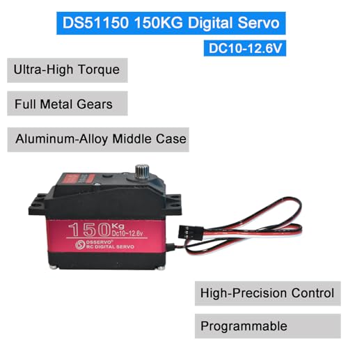 DS51150 150KG Digital RC Servo 12V High Volge Large Torque Full Metal Gear Steering Servo with 18T Servo Arm for 1:5 Scale Baja RC Car Crawler Buggy Trgguy Robot Truck Boat 270 Degree