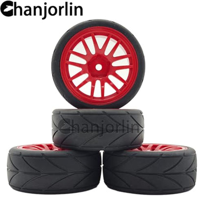 RC 1/10 On Road Touring Tires & Wheels 12mm Hex Hard Plastic Rims OD 65mm Street Racing Tyre for 1:10 1/12 Rally Drift Car Tamiya TT01 TT02 Traxxas XV02 XV01 HPI KYOSHO PTG2 4PCS (Red) - color: Red