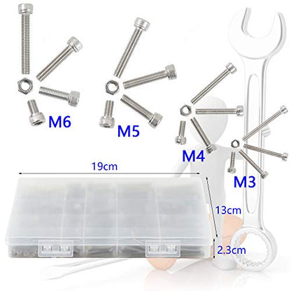 newlng Nuts and Bolts M3 M4 M5 M6 Nuts Kit 304 Stainless Steel Hex Socket Head Cap Metric Machine Screws Set for Bicycles 3D Printer Repair Furniture Fastening - size: M3456-3