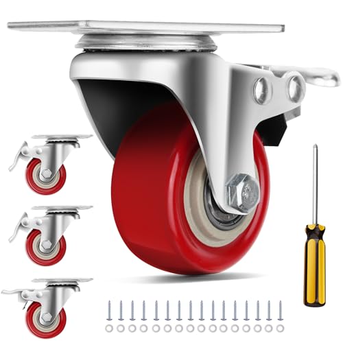2 Inch Plate Caster Set of 4, PU Swivel Wheel with Dual Brakes | Smooth 360° rotation,dual locking brake,silent PU wheels - color: Red, size: 2 IN