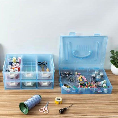MyGift 11 Inch Sky Blue Transparent Arts and Crafts Sewing Supplies Storage Organizer Case with White Accents, 24 Customizable Compartments, 6 Drawers Removable Dividers - color: Aqua Blue