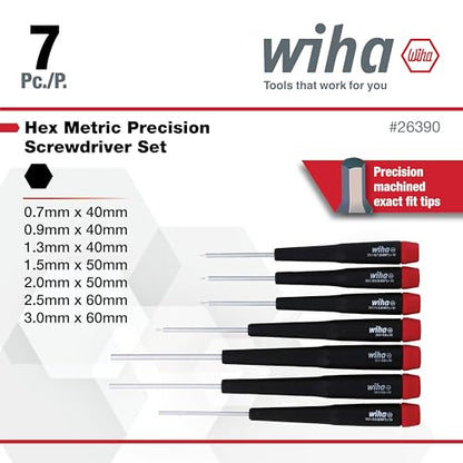 Wiha 26390 Screwdriver Set, Hex Metric With Precision Handle, .7 - 3.0mm, 7 Piece, original version, one size | .7-3.0mm, Original Version, One Size