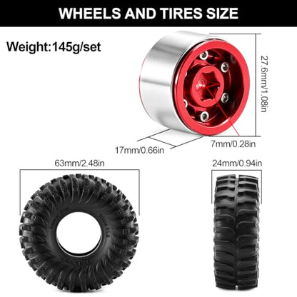 1.0" Beadlock Aluminum Wheels and 64mm Soft Rubber Tires | for SCX24, TRX4M, Ascent 18, FCX24, 1/18 1/24 RC Crawler, 7mm Hex, 0mm Offset, with Foam Inserts, (Red A) - color: Red a