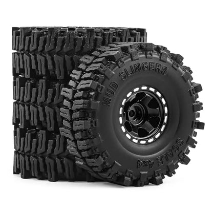 1.0" Beadlock Aluminum Wheels and 64mm Soft Rubber Tires | for SCX24, TRX4M, Ascent 18, FCX24, 1/18 1/24 RC Crawler, 7mm Hex, 0mm Offset, with Foam Inserts, (Black) - color: Black