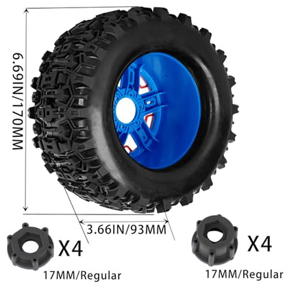 RC Truck Tires 1/8 17mm Hex RC Wheel Tires for 1/8 Monster Truck Tires Traxx as/Arrm a 6S/Summi t/ERveo/Redc at/HPI JLB Cheetah RC Off-Road etc,Hard Plastic Rubber Tyres,Red&Blue - color: Red With Blue(4PCS）