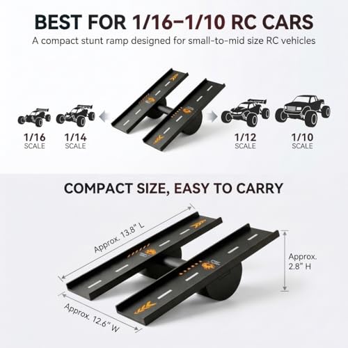 RC Car Ramp, 3 Ways to Play RC Jump Ramp for 1/16 1/14 1/12 1/10 RC Cars, Includes Metal Ground Stakes, Compact Stunt Ramp for Controlled Jumps, Balance Play and Backyard RC Fun