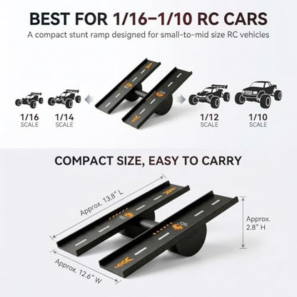 RC Car Ramp, 3 Ways to Play RC Jump Ramp for 1/16 1/14 1/12 1/10 RC Cars, Includes Metal Ground Stakes, Compact Stunt Ramp for Controlled Jumps, Balance Play and Backyard RC Fun