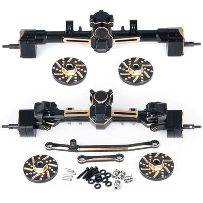 SCX24 Universal Front and Rear Axles Set for 1/24th RC Crawlers C10 JLU | and Gladiator Deadbolt Bronco, with Brass Counterweights - color: Front & Rear