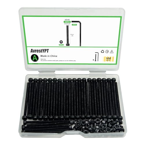 100Pcs M3 x 45mm Hex Socket Head Cap Screws Bolts, Carbon Steel, Black Oxide Finish, Allen Socket Drive, Full Threads,with Hex Spanner - size: M3 x 45-100Pcs-Black