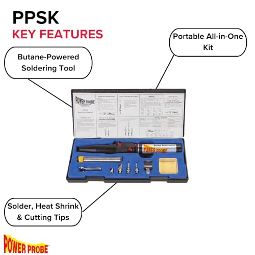 POWER PROBE Butane Soldering Kit (PPSK) [Automotive Diagnostic Car Test Tool, Easy Start Electronic Ignition, Adjustable Flame, with Multiple Tips, Black
