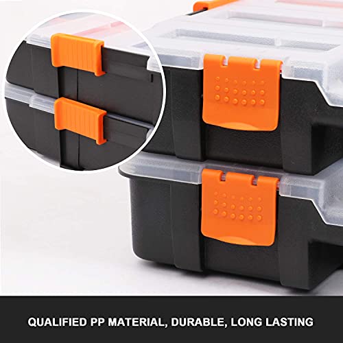Makitoyo Tool Box Organizers, Interlocking Black Small Parts Organizer for Fasteners, Parts and Crafts w/Removable Dividers, 2 Pieces Pack, Black & Orange,15”L×11.6”W×2.6”H