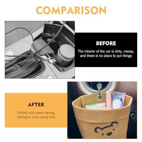 Car Storage Bag, 3.94" x 5.12" Washable Reusable Cute Bear Kraft Paper Car Organizer, Foldable Air Vent Mounted Trash Can, Back Seat Hanging Storage Box for Sunglasses Phone Card Key (Brown)