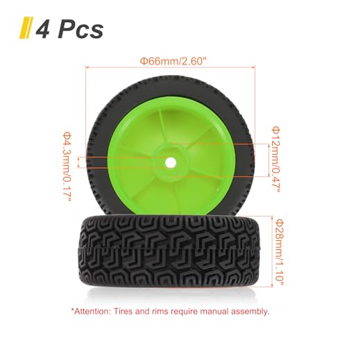 uxcell 4-Pair High-Grip RC Car Tire & Wheel Set for 1/10 Scale On-Road Touring Cars - Soft Rubber Tyres with 12mm Hubs, Black/Green - color: Black/Green