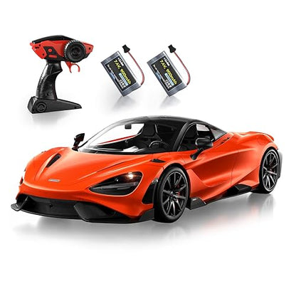 MIEBELY 1:12 Licensed McLaren 765LT RC Car 2.4G LED Toy for Kids Adults | Official license; dual 900mAh lithium; 40min playtime; 2.4G 200ft control; steering trim; left/right remote; LED lights - color: Orange