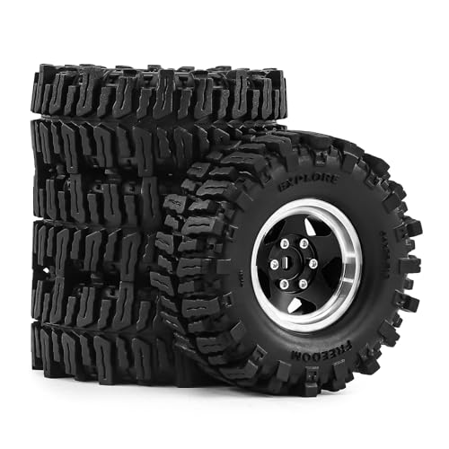 1.3" Beadlock Wheels and Tires for SCX24 TRX4M 1/18 1/24 RC Crawlers – Aluminum Rims, Soft Rubber Tires with Foam Inserts, Easy-Install Upgrade Parts (Black 255) - color: Black 255