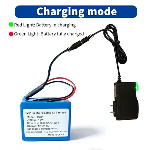 4000mAh 12V Rechargeable Lithium Battery Pack with Charger & Bare Leads - 6A Max Output for RC Cars, Robots, LED Strips, CCTV Cameras，DIY Projects