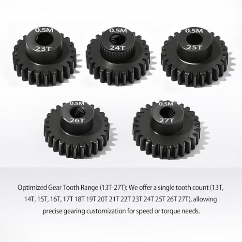 0.5M Pinion Gear 23T 24T 25T 26T 27T Hardened Steel 3.175mm Bore with 2.3mm Adapter, Gear for ARRMA 1/14 Typhon 1/16 Mojave 1/18 Granite, Losi 1/12, 0.5Mod Gear 13T-27T for HOBBYWING Motors - size: 23 24 25 26 27T, style: 5 Gears +5 Shafts Set