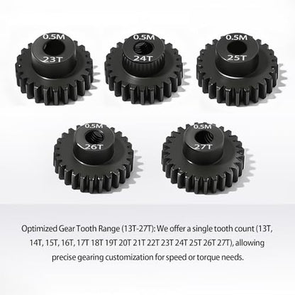 0.5M Pinion Gear 23T 24T 25T 26T 27T Hardened Steel 3.175mm Bore with 2.3mm Adapter, Gear for ARRMA 1/14 Typhon 1/16 Mojave 1/18 Granite, Losi 1/12, 0.5Mod Gear 13T-27T for HOBBYWING Motors - size: 23 24 25 26 27T, style: 5 Gears +5 Shafts Set