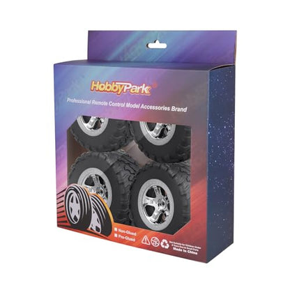 HobbyPark Pre-Glued 1/10 RC Short Course Truck Tires and Wheels Chrome for Traxxas Slash 2wd 4x4 Vxl BL-2S Redcat Blackout SC Pro TR10 Losi 22S SCT 3S 4S Lipo Brushless, 4Pcs